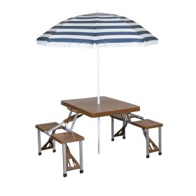 Folding Picnic Table with Umbrella, Aluminum Frame (Actual Color: Blue/Brown)